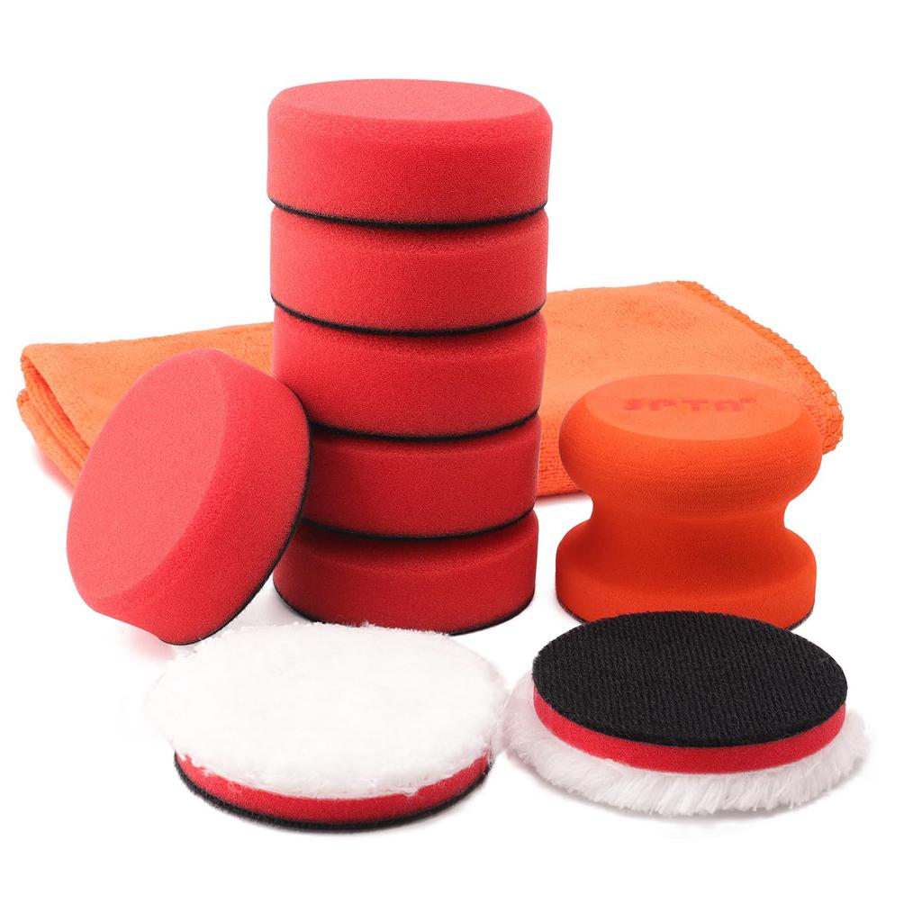 3 Inch Polishing Pad, SPTA 8Pcs Car Wax Applicator Pads With Handle And Towel, Hand Foam Pads & Microfiber Pad Kit, Detailing Buffing Pads For Car
