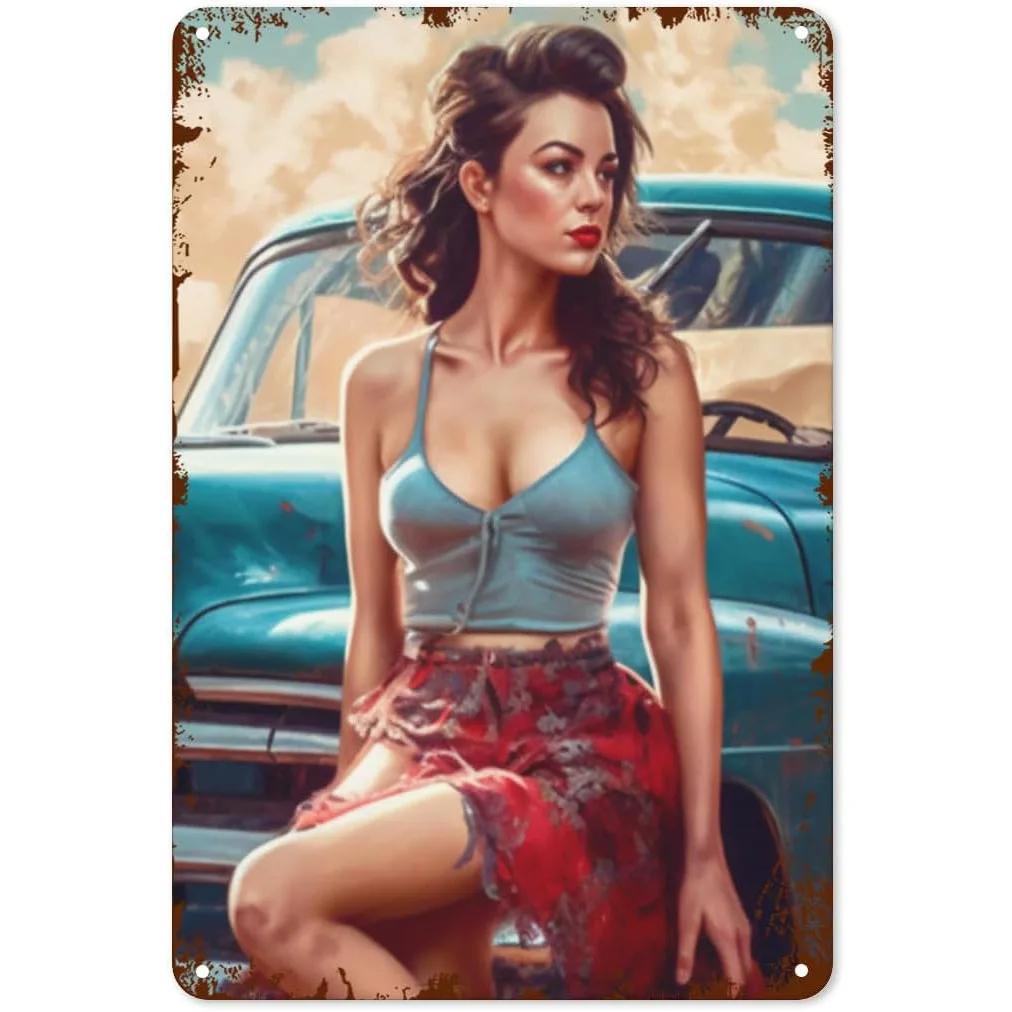 Vintage Pinup Girl Fast & Sexy Girls Classic Car Automobile Metal Tin Sings For Man Cave Garage Bar Cafe Clubs Car Decor Posters