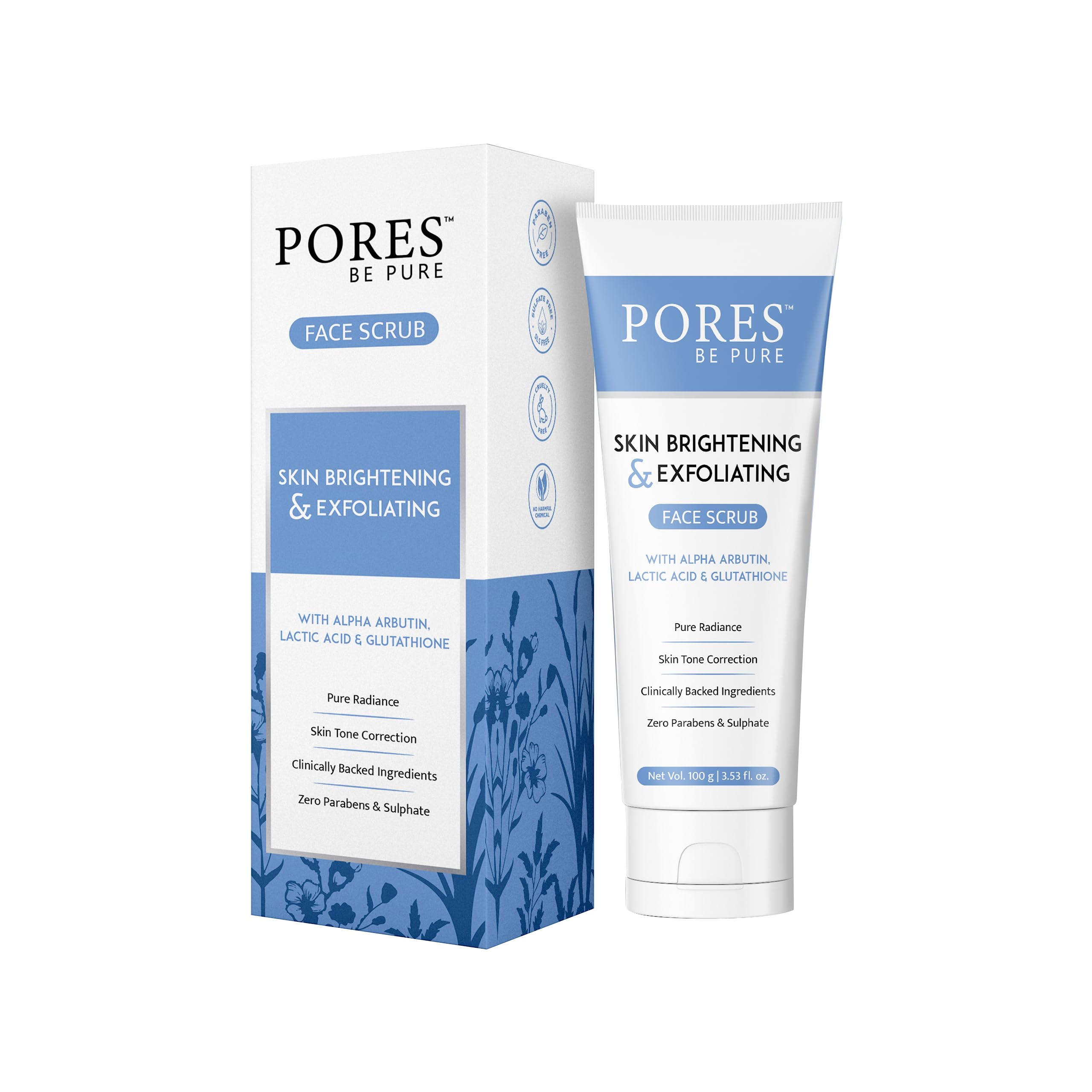 

PORES Be Pure Skin Brightening Face Scrub For Women & Men - 100 GM | Gentle Exfoliating Scrub for Face With Glutathione & Glycolic Acid | Blackhe