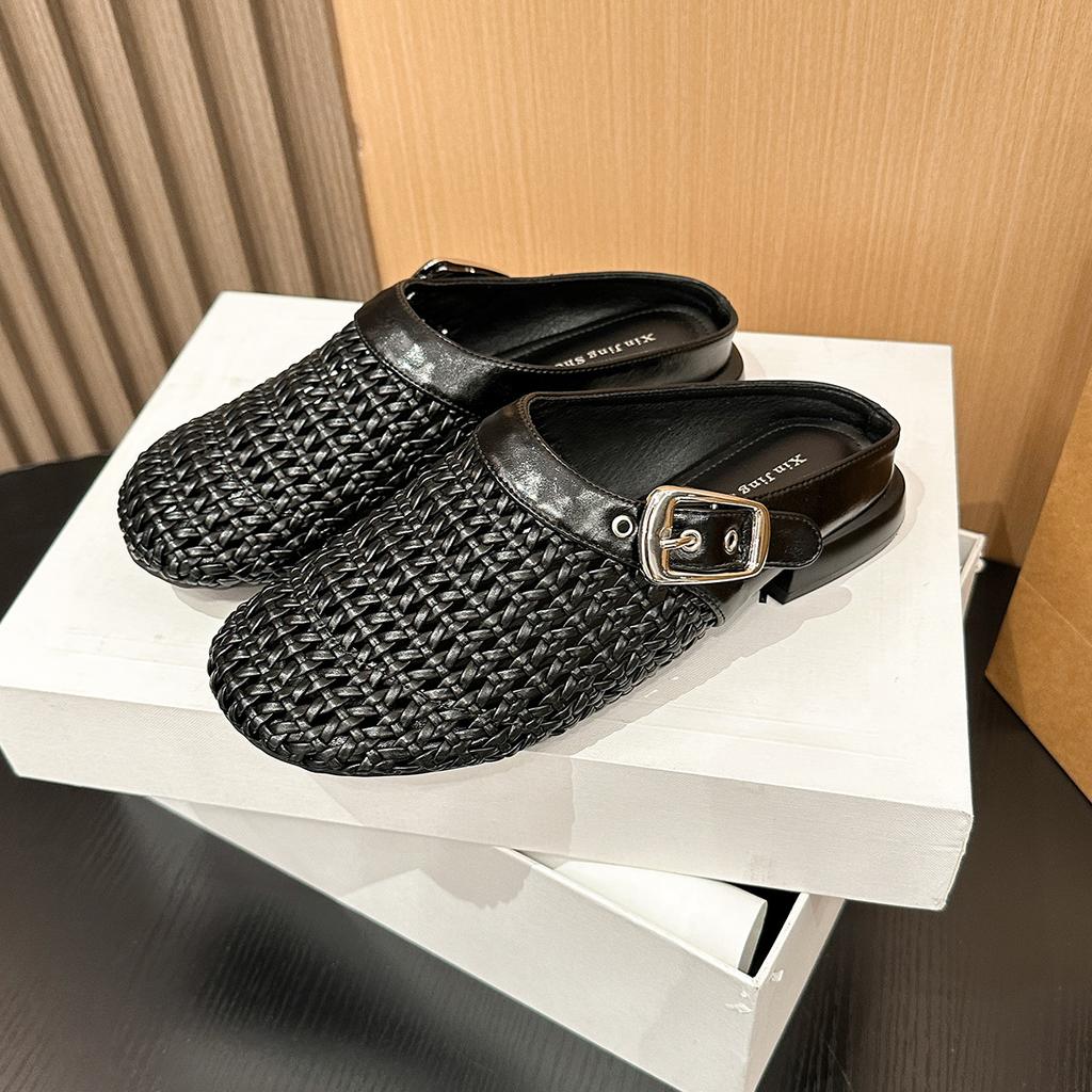106-1 Fashion woven belt buckle hollow flat-soled single shoes New fairy style low-heeled single shoes commuter women's shoes