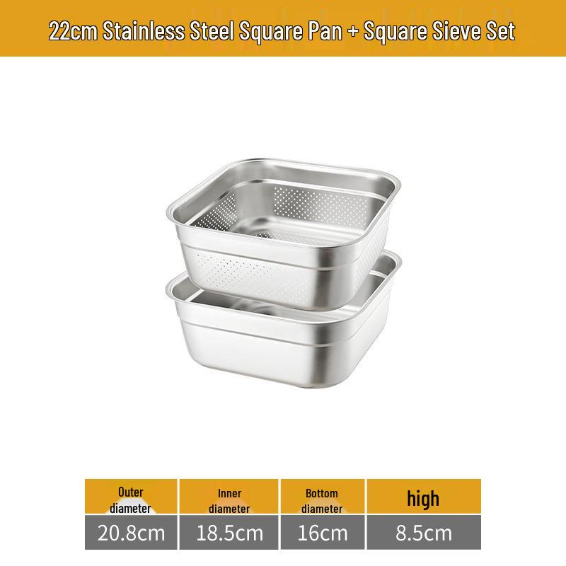 Large 304 Stainless Steel Colander with Lid - Square Vegetable Washing and Oil Draining Basin