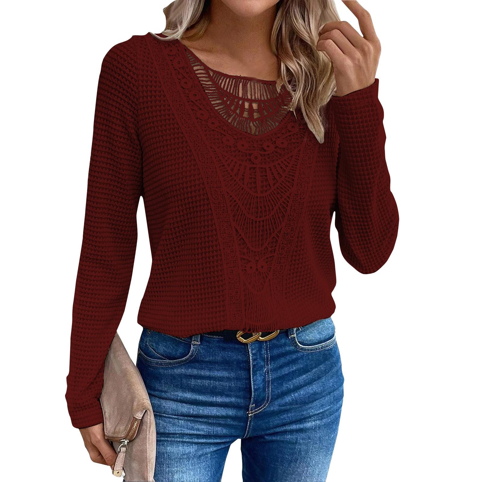 

Осенняя однотонная кружевная лоскутная футболка с кружевом и круглым вырезом, женская футболка с длинными рукавами для женщин M винный