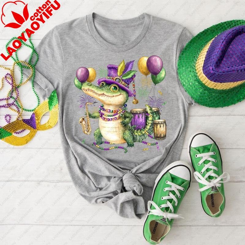 

Mardi Gras Crocodile Shirt New Orleans Carnival Tee Graphic Cotton Tshirts Oversized T Shirt Women T Shirt Kawaii Clothes Tops S