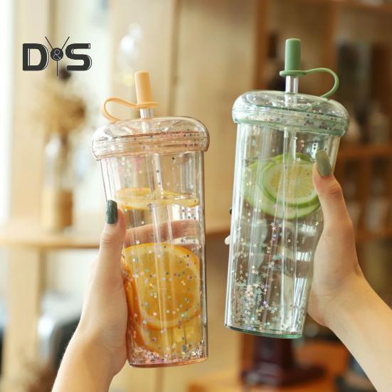 Leak-proof Iced Coffee Cup Reusable Straight Pipette Cup with Built-in Straws Double Wall Insulated Iced Coffee Tumbler Cartoon Drinking Cup
