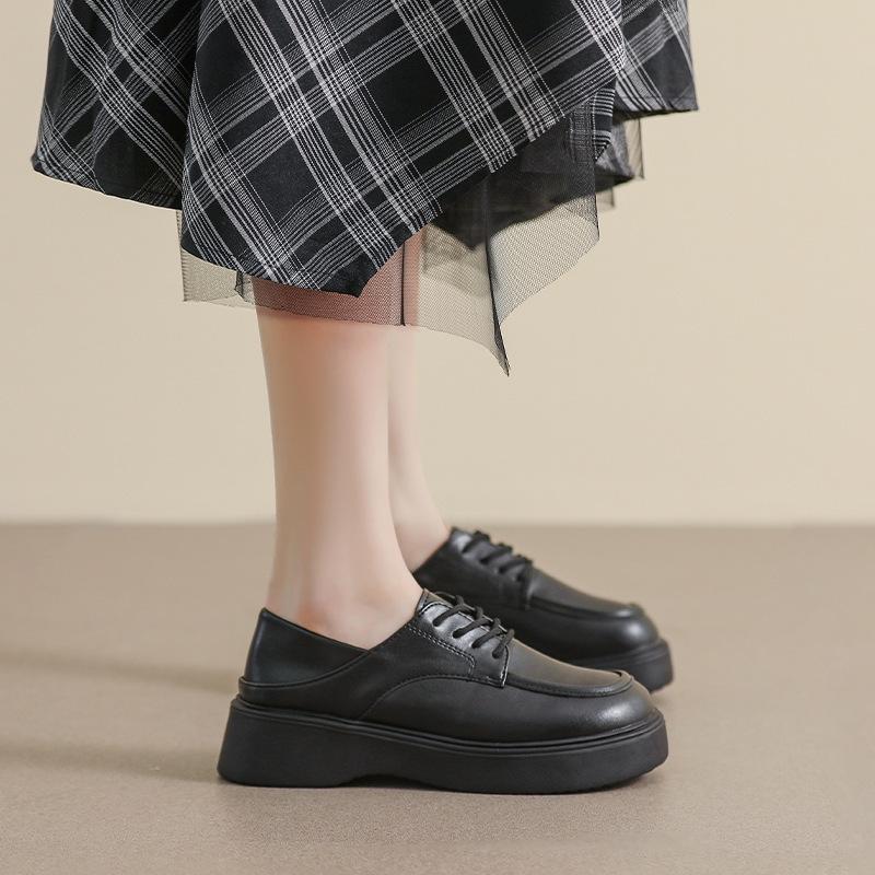 Leather small leather shoes women's 2025 lace-up spring British style single shoes black loafers soft-soled muffin platform loafers