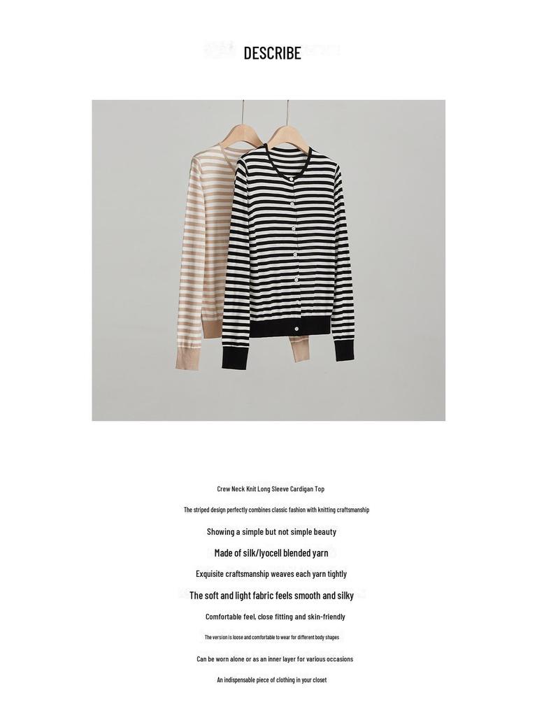 Artistic Striped Mulberry Silk Cardigan - Women's Black & White Round Neck Knit Top for Autumn