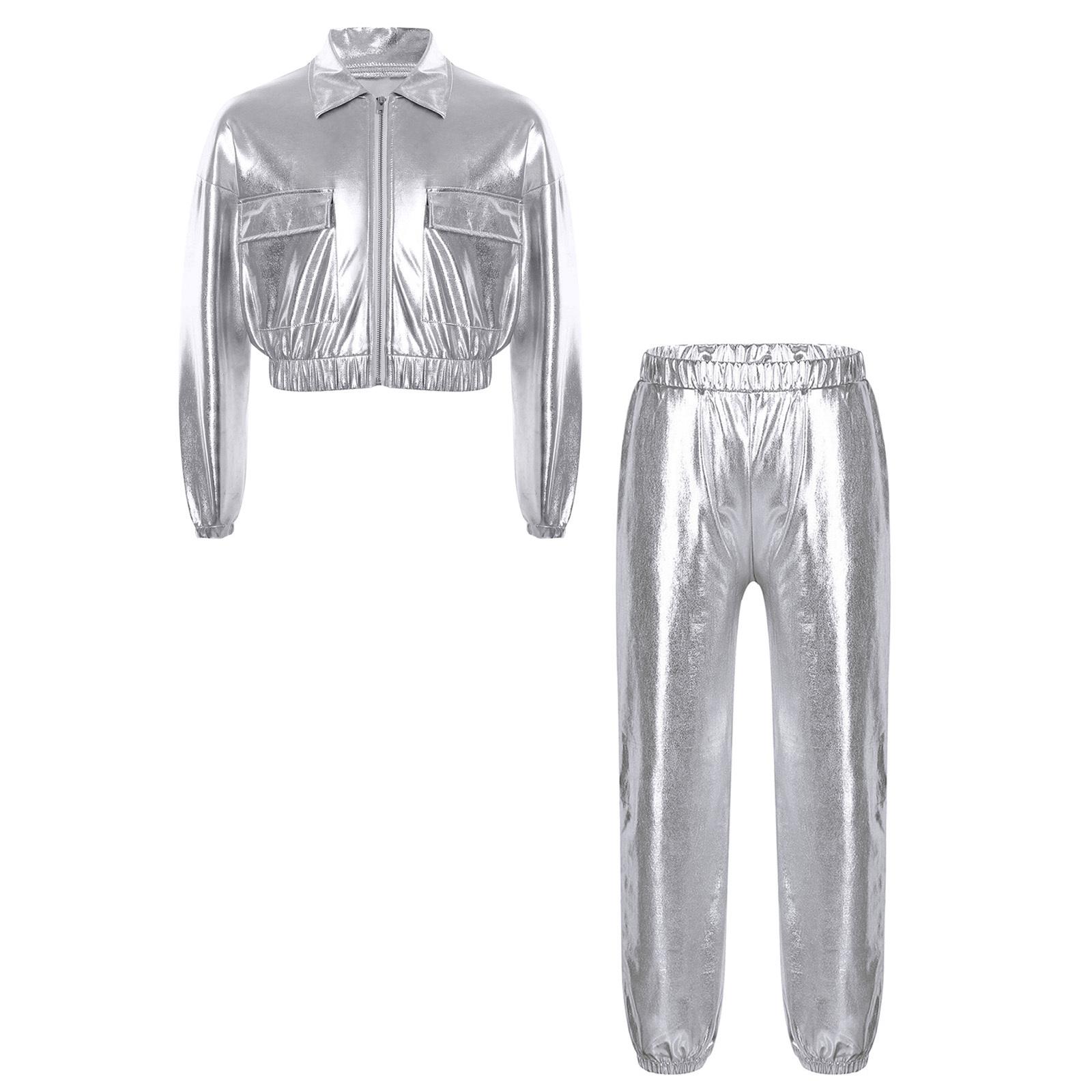 

Unisex Shiny Jacket Turn Down Collar Long Sleeve Hip Hop Jazz Dance Outwear Metallic Pants Set 5-6 Years срібний