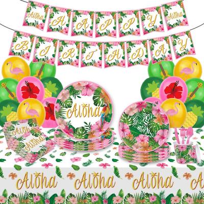 Hawaiian Summer Party Tableware: Pink Disposable Plates, Cups, Tablecloth, and Banners.