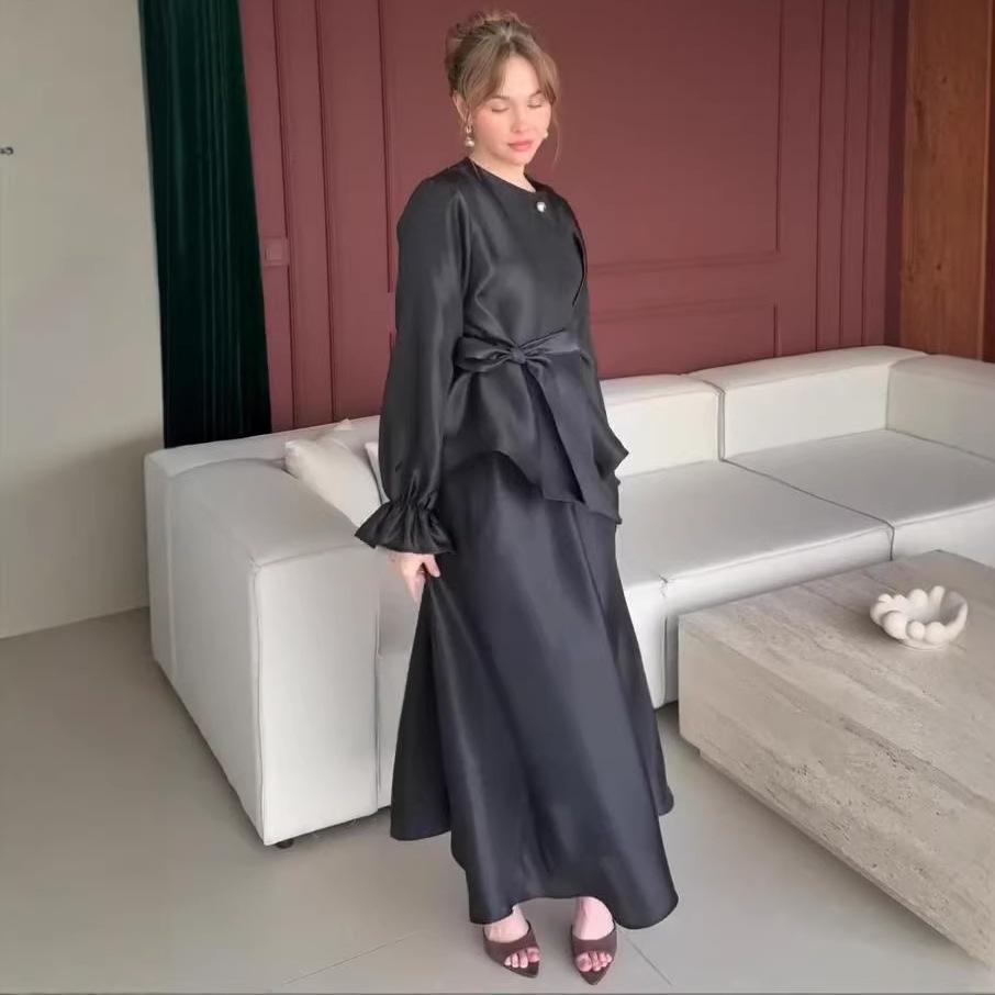 Cross-border European and American women's clothing Amazon sexy round neck satin lace-up long-sleeved French sweet straight skirt