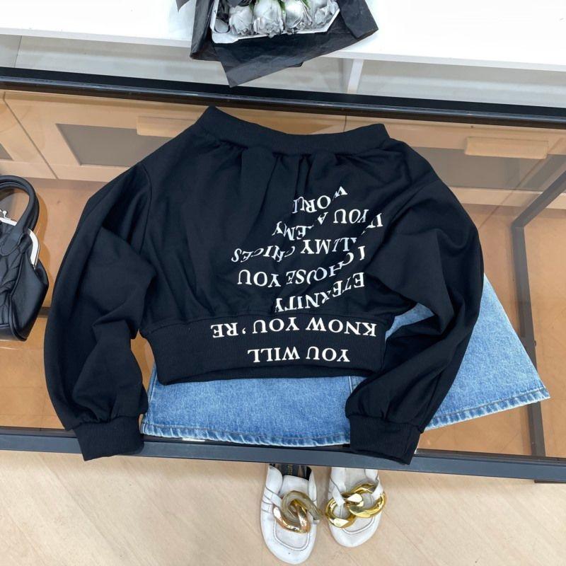 

off-Shoulder English Letter Print Sweatshirt American Retro Stylish Easiest for Match Sexy Tops B#28 Black One size