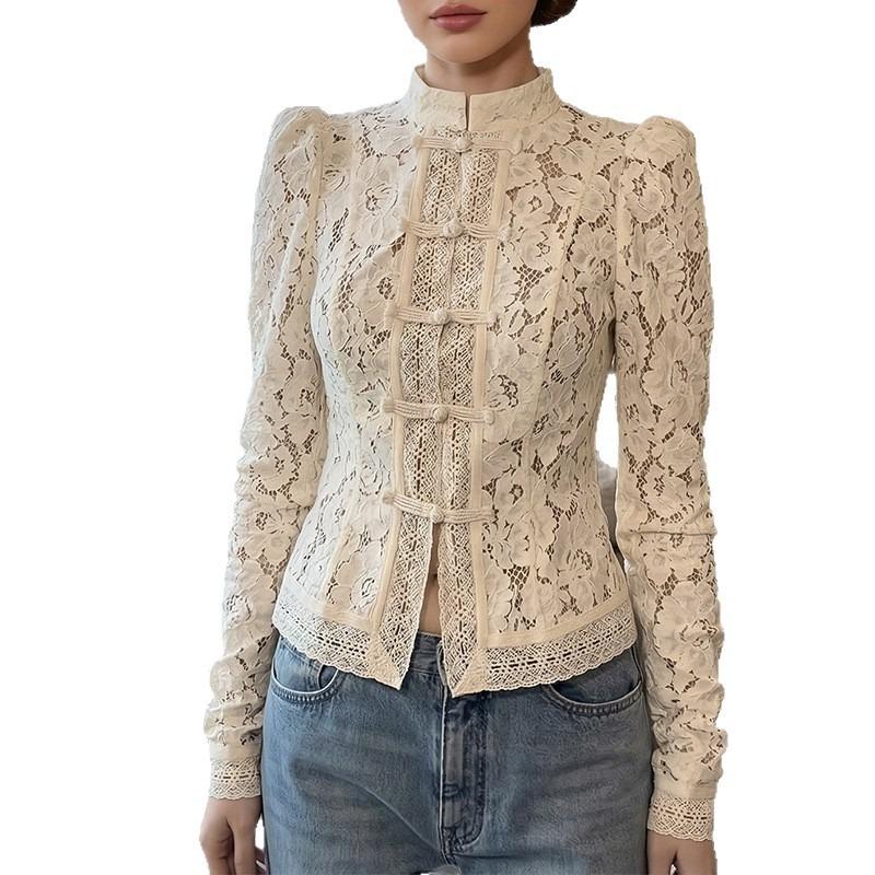 Fashion Lace Crochet Shirt Women Stand-up Collar Slim Fit Office Ladies Elegant See Through Sweet Blouse Spring Summer Lonf Sleeve Sexy Tops