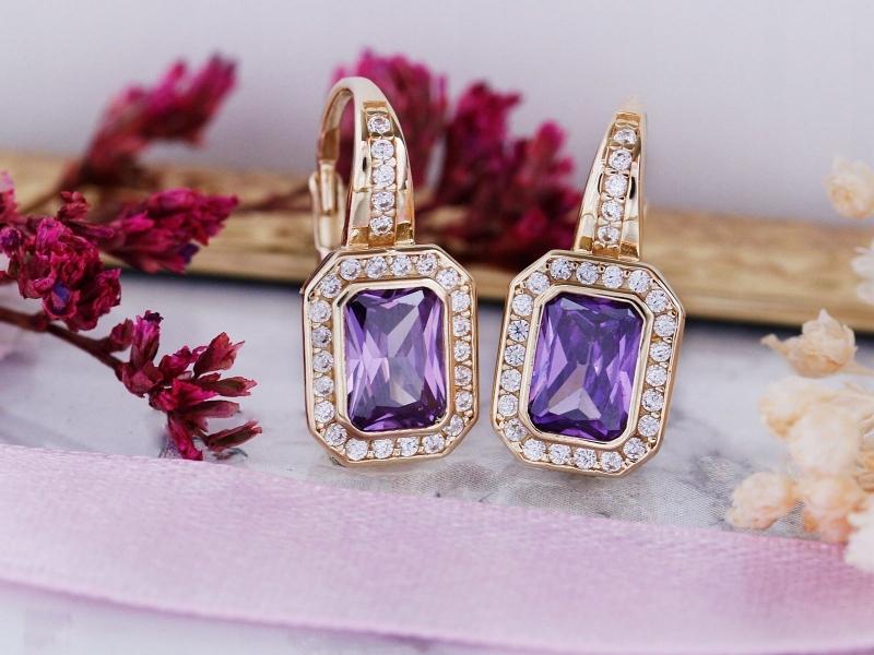 585 Gold Earrings with a Rectangular Purple Stone and White Zircons