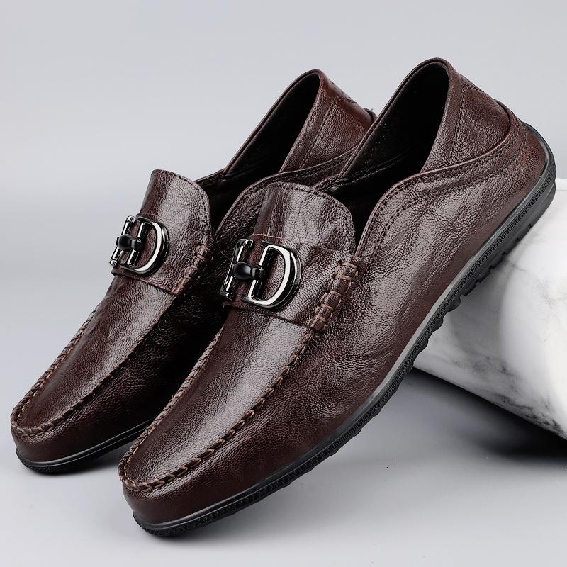 Luxury Brand Top Layer Cowhide Bean Shoes High-quality Flat Bottomed Soft Comfort Travel Shoes Men Business Genuine Leather Shoe