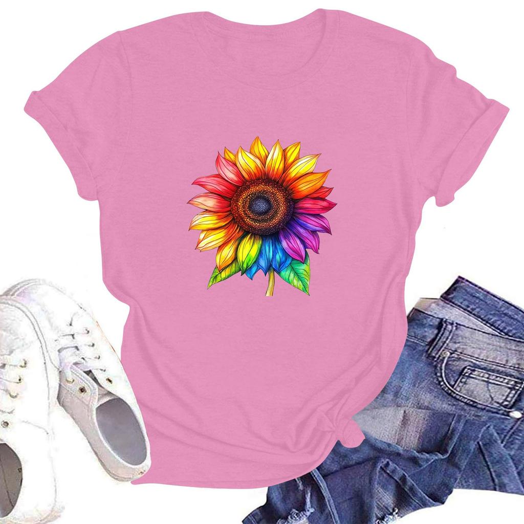 Women's Casual Loose Printed T-shirt Round Neck Pullover Short Sleeved Top