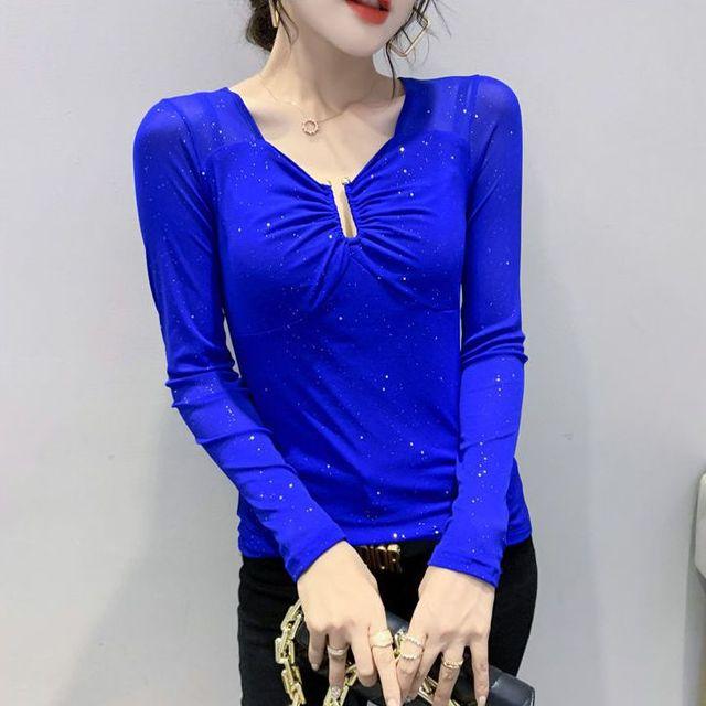 

Женская весенне-осенняя новая футболка с v-образным вырезом, модный сетчатый топ с длинными рукавами, однотонная рубашка S-4XL M синий