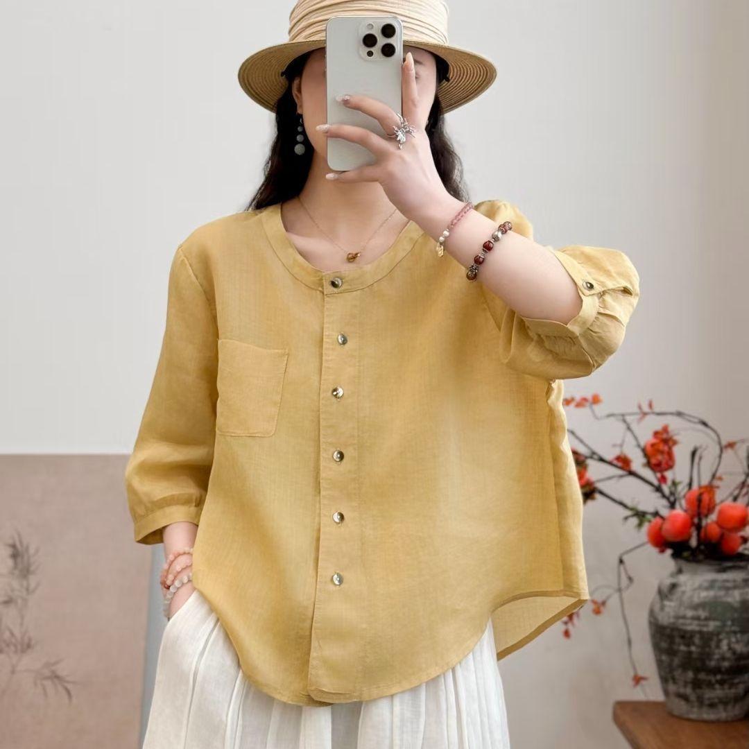 

Летний хлопок и лен однотонный короткий новый модный темперамент повседневный универсальный кардиган тонкая рубашка рубашка женская 3XL жёлтый