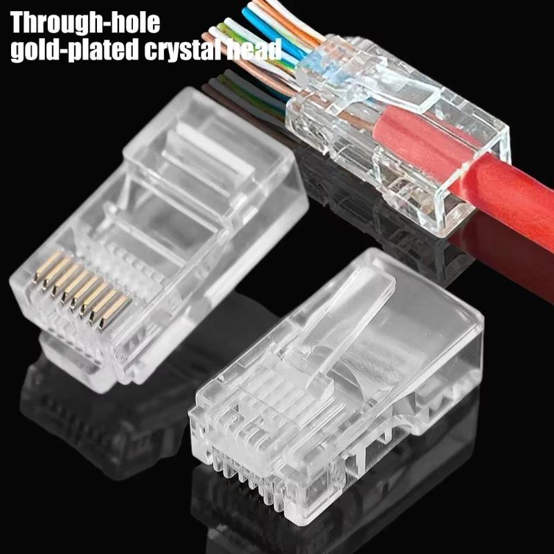 50-1Pcs RJ45 Pass Through Connectors CAT6 CAT5e Shielded Crystal End Gold-Plated 8P8C Crimp Ethernet Network Cable Modular Plug