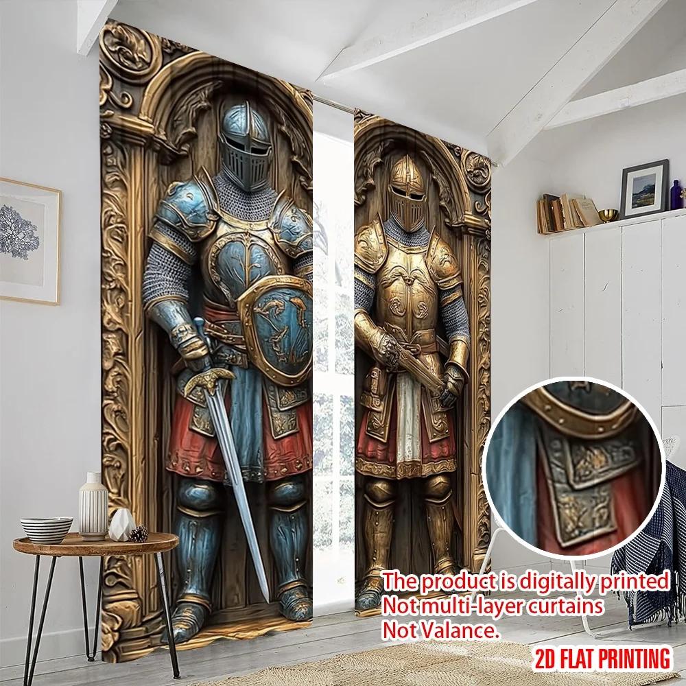 Set Of 2 Flat Printing Scene Curtains Medieval Knight Armor Print Polyester Without Electricity Party Decorations Perfect Curtain