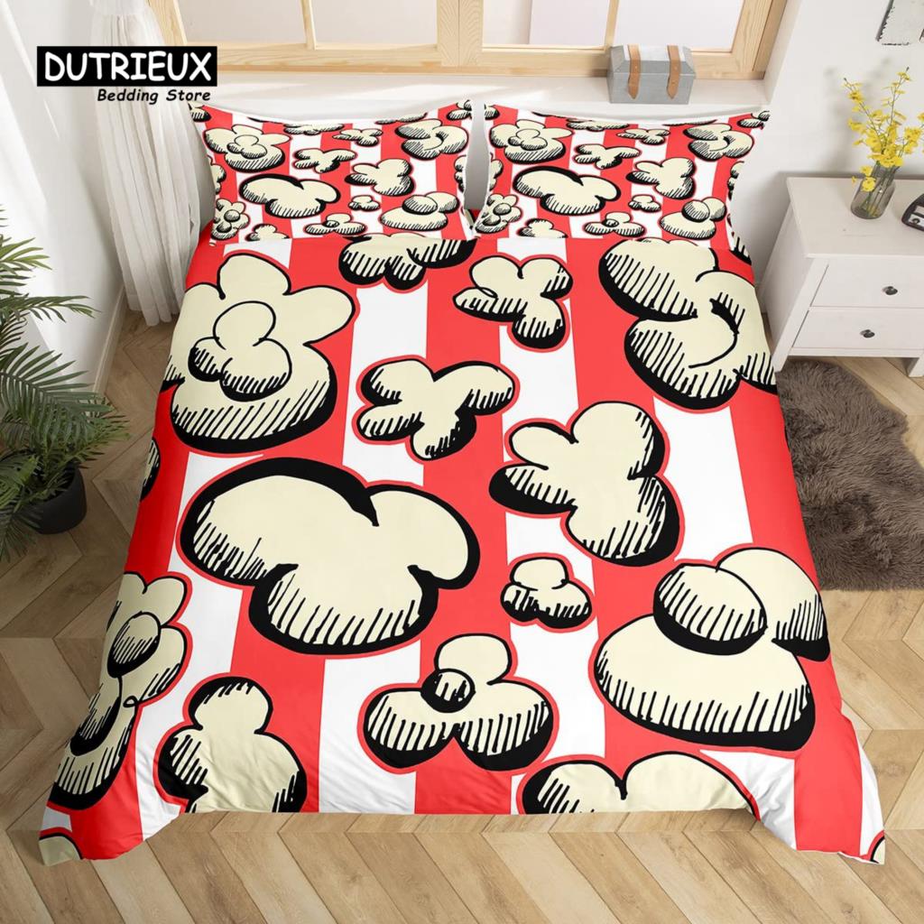 Popcorn Duvet Cover Movie Theater Food Bedding Set Microfiber Cinema Poster Comforter Cover Twin Full For Kids Teens Room Decor