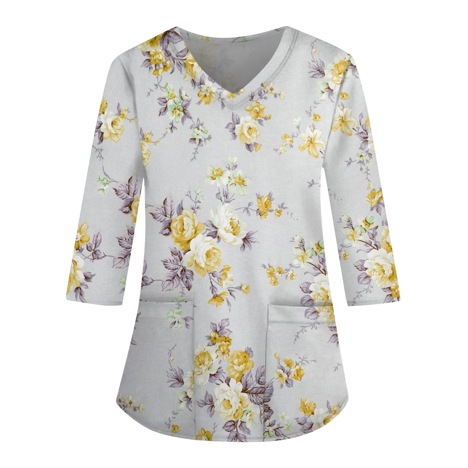 

Жіночий робочий одяг із вільним V-подібним вирізом і принтом із рукавом три чверті XL жовтий