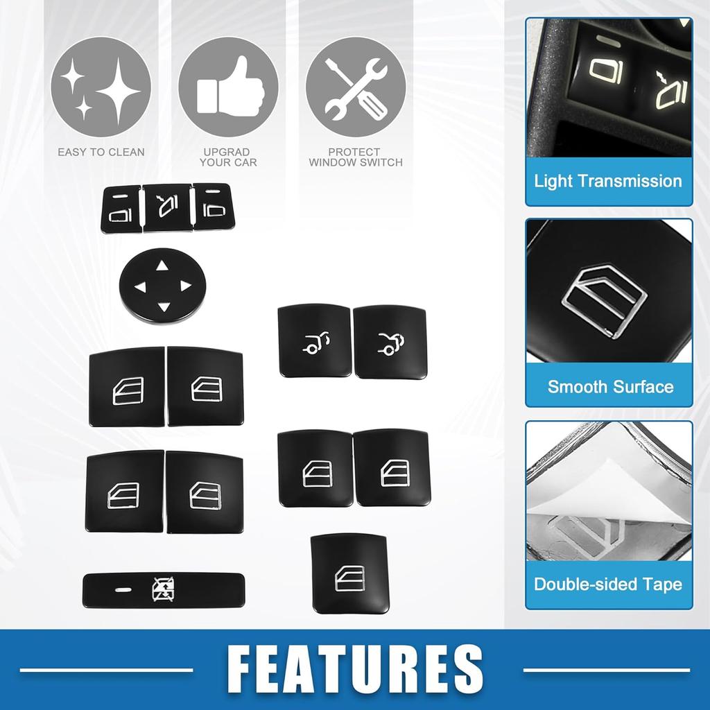 Window Switch Button Trim Cover Sticker Interior Door Armrest Window Lift Switch Cover for Benz a B Class 13-17 (Set of 14) Black
