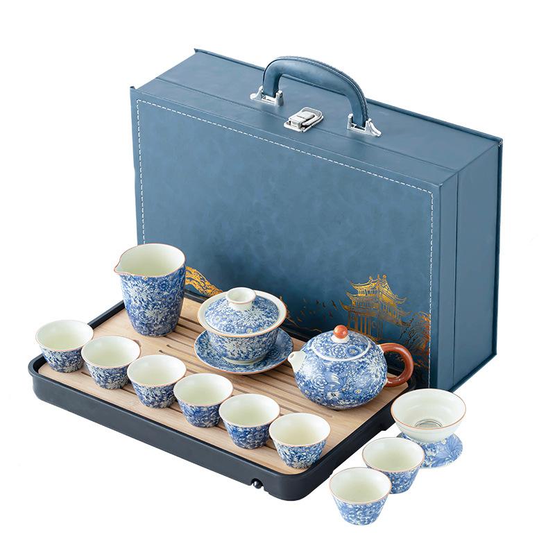 Ru Kiln Kung Fu Tea Set Household Ceramic Flower Cover Bowl High-end Gift Box