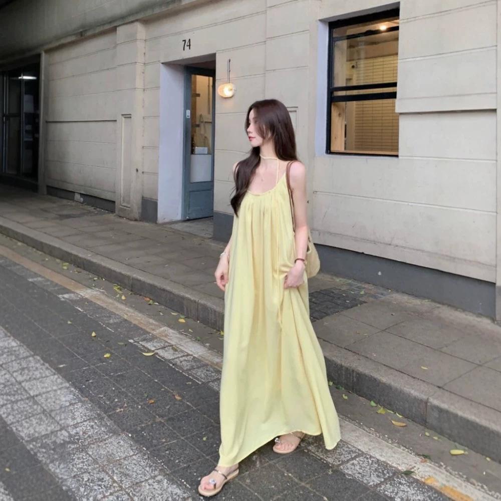French gentle wind suspender dress summer new holiday loose age reduction thin A word medium and long dress women