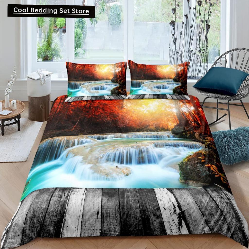 Waterfall king Queen Duvet Cover Floral Trees Bedding Set Natural landscape quilt cover Purple Dream polyester Comforter Cover
