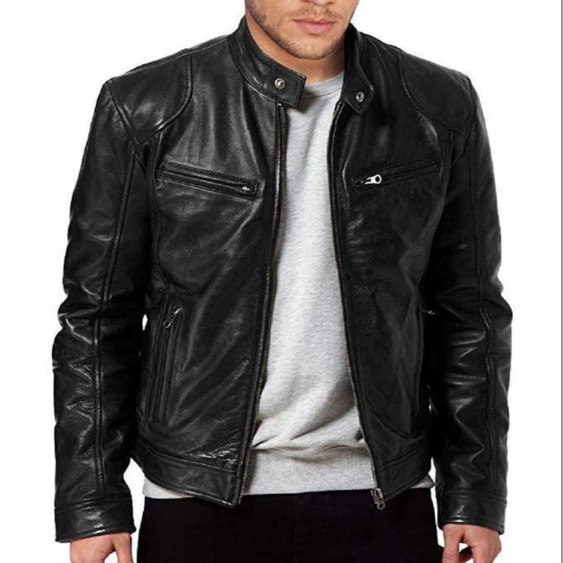 Men's Leather Jacket Autumn and Winter Zipper Pocket Cardigan Men's PU Leather Standing Collar Motorcycle Jacket Leather Jacket