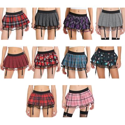 S-XXL Damen Clubwear Rock: Schulmädchen-Stil Faltenrock mit Karomuster und Tüllfutter & Strumpfhaltern, Elastischer Bund für Einzelne Party-Tanz