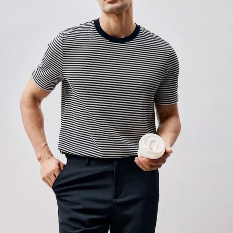 

Men Gray Striped Crew Neck Short Sleeve Slim Fit T Shirt M чёрный