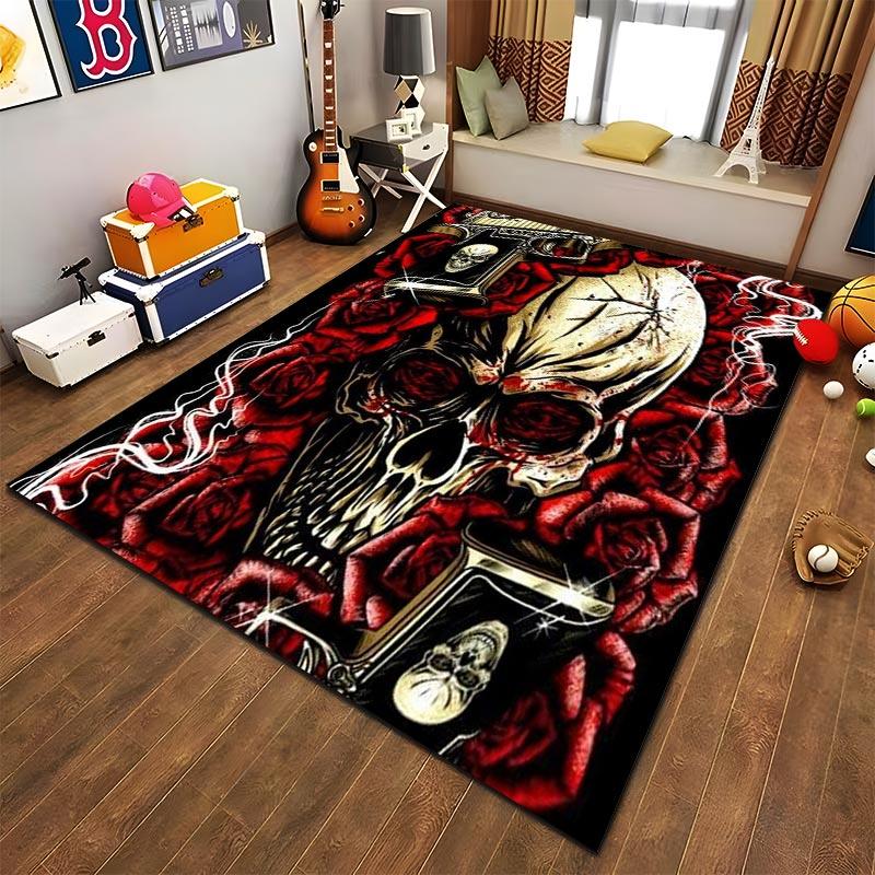 Skull with Red Roses and Guns Design Carpet, Gothic Art Style Decor Suitable for Use As an Anti-slip for Living Room Bedroom Sofas