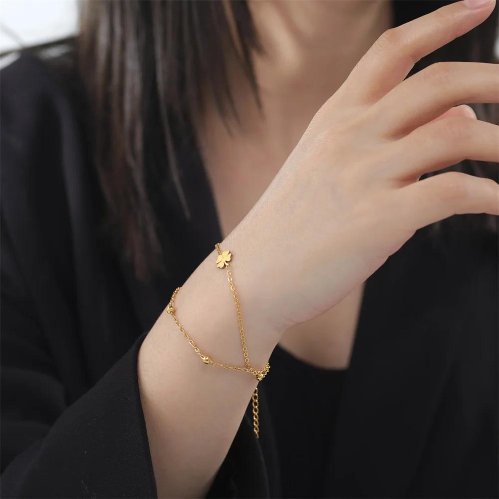 A Light Luxury and High-end Four Leaf Clover Double-layer Bracelet, Adorned with Lucky Grass Bracelets and Beads, A Versatile Accessory
