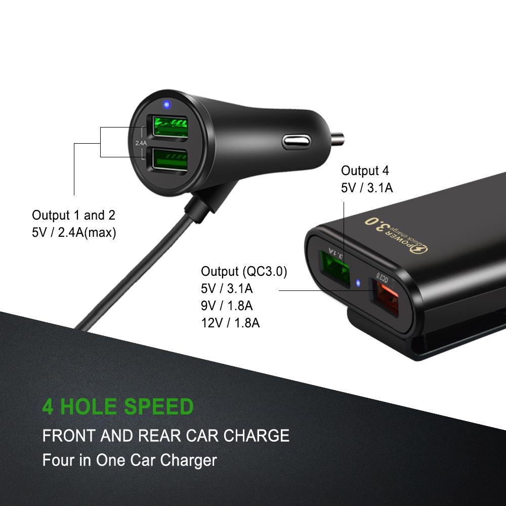 36W USB Car Charger Fast Charging One To Four Rear Seat Car Charge QC3.0 for IPhone Xiaomi 13 Samsung Huawei Car Phone Adapter