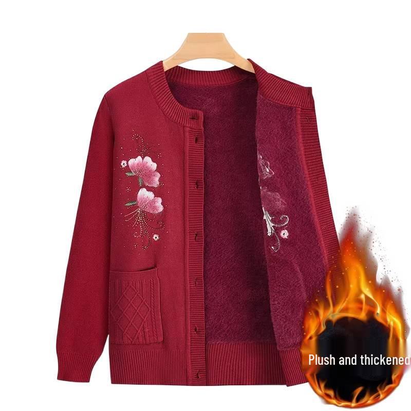 Warmer Herbst- & Winterpullover für Frauen mittleren und höheren Alters - Bestickte Strickware mit Samtfutter