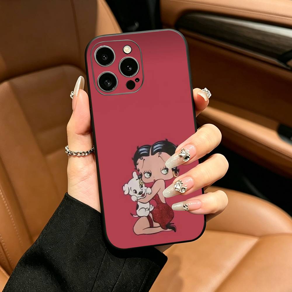 B-Betty Cute B-Boop Phone Case For iPhone 12 13 14 15 16 17 Pro Max, Lightweight and practical Soft Black Cover