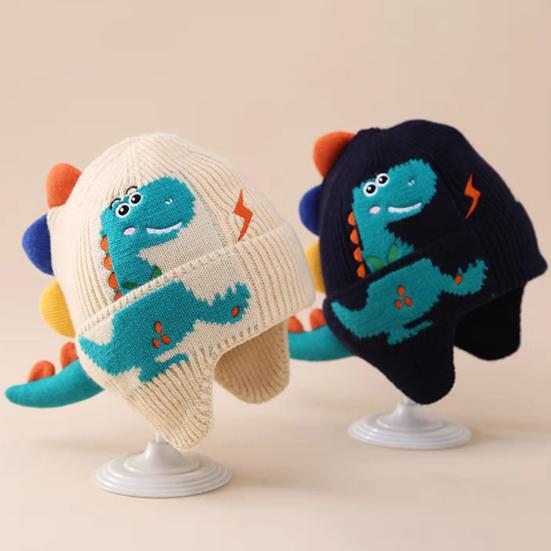 Children Hat Cartoon Dinosaur Design Knitted Hat Soft Warm Ear Protection Kids Animal-themed Hat Winter Accessory