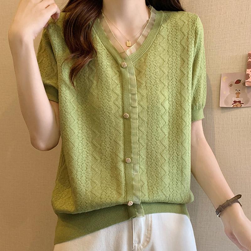 

Женские свитера, пуловеры 2025 Лето Короткий рукав V-образный вырез Белый вязаный свитер Женские топы, пуловер JJ230 One Size зелёный