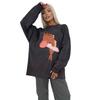 Vintage Print Washed Black Loose-Fit Cotton Long-Sleeve T-Shirt for Women