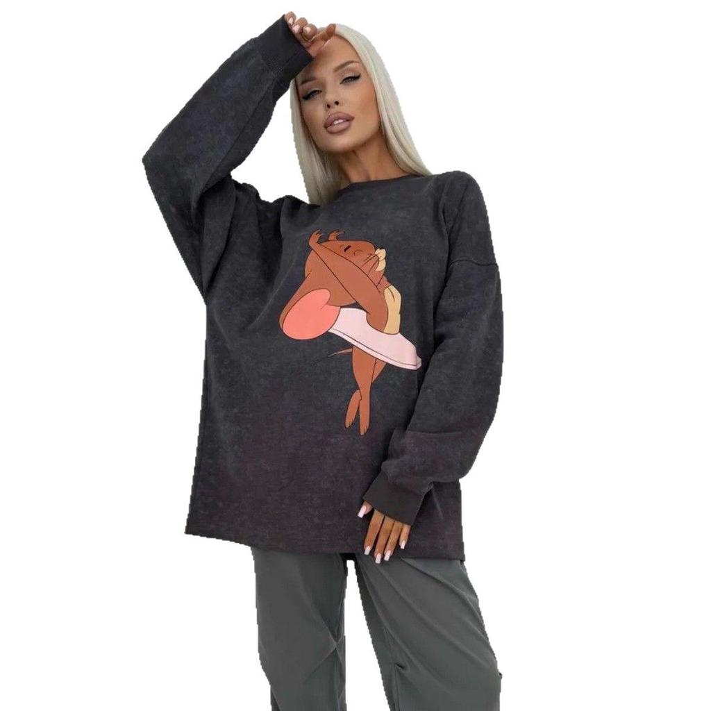 Vintage Print Washed Black Loose-Fit Cotton Long-Sleeve T-Shirt for Women
