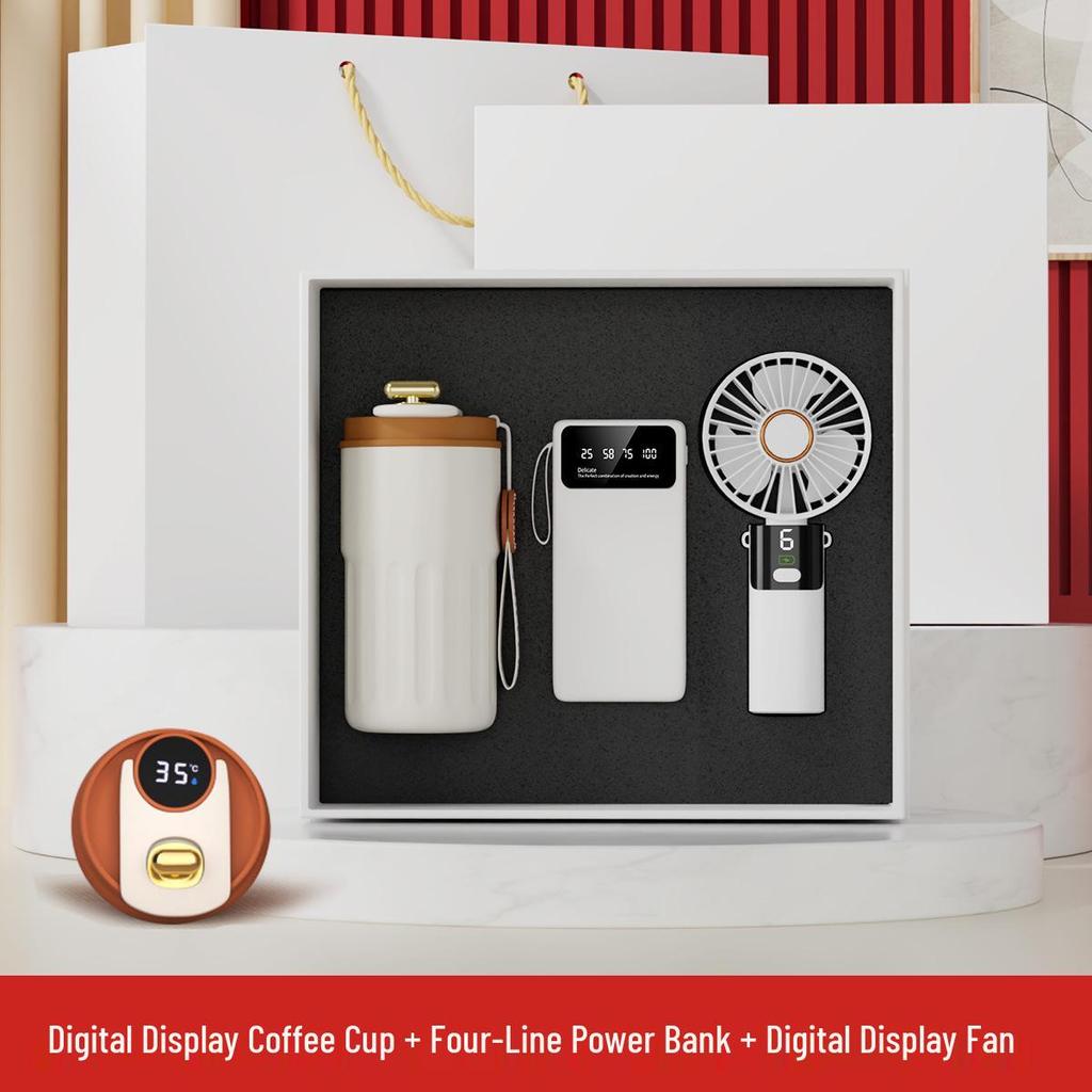 Digital Display Coffee Cup & Handheld Fan Business Gift Set for Leaders & Colleagues - Customizable with Logo