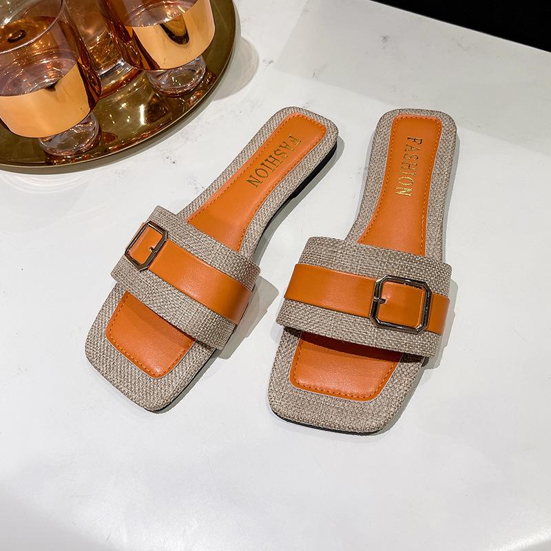 Cool Slippers Women's Summer New Flat-bottomed Large-size One-word Drag Fashion Belt Buckle Open-toed Slippers