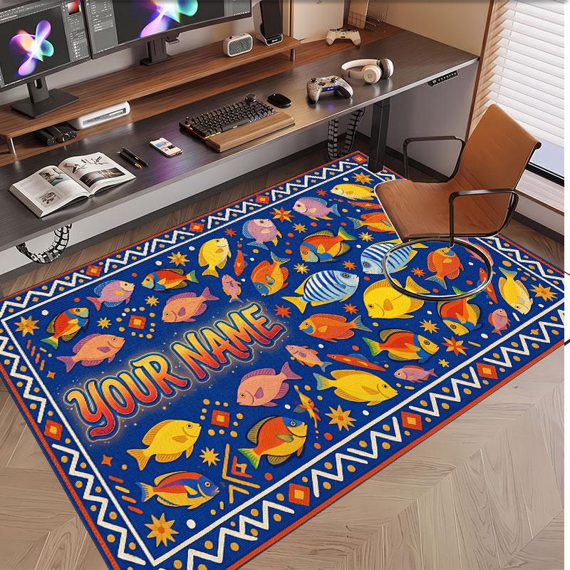 Fish Ocean Theme Soft Crystal Velvet Rug Custom Name & Text Print Non Slip Floor Rug for Bedroom Living Room