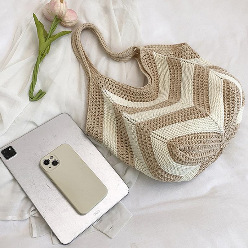 Women's Roomy Woven Net Backpack, Perfect for Summer Vacations, Casual Knitted Hollow-out Shoulder Bag KTB