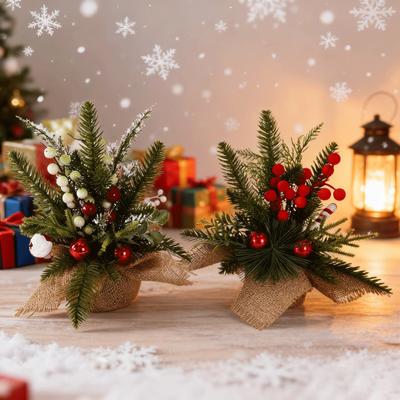 Small Christmas Artificial Plants with Burlap Base Faux Pine Branches with Red Berries/Poinsettias Flower for Winter Indoor Home Office