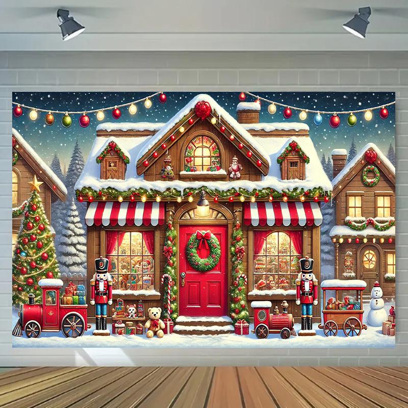 Christmas Decoration Banner: Polyester Santa Claus Workshop Scene with Nutcracker and Snowman: Multi-purpose Holiday Background