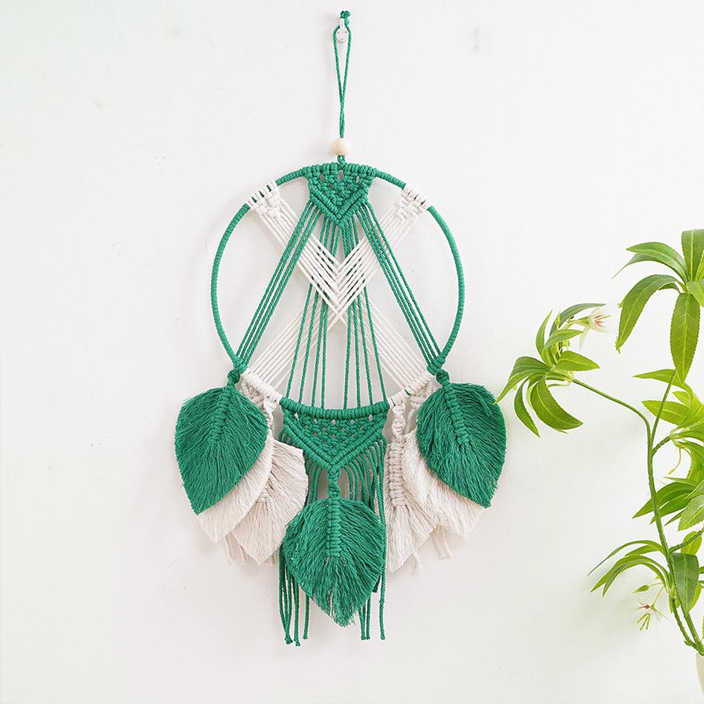 Handwoven Cotton Rope Contrast Color Dreamcatchers with Leaves Tassels Wall Hanging Macrames Tapestrys for Home Decors