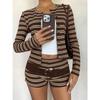 Women Slim Fit Round Neck Striped Knit Cardigan Long Sleeve Shorts Two Piece Set