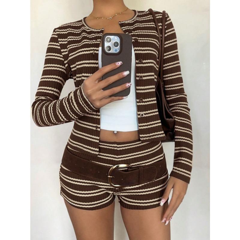 Women Slim Fit Round Neck Striped Knit Cardigan Long Sleeve Shorts Two Piece Set