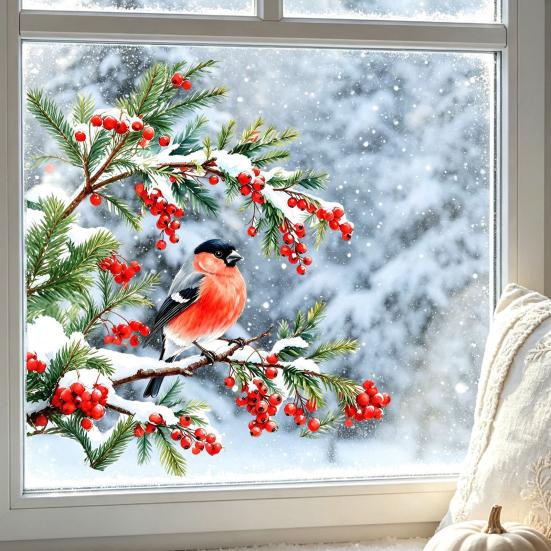 Winter Atmosphere Decor Bullfinch And Red Berries Static Glass Sticker, Watercolor Bird Decal, Window Decals Removable PVC Cling for Home Store